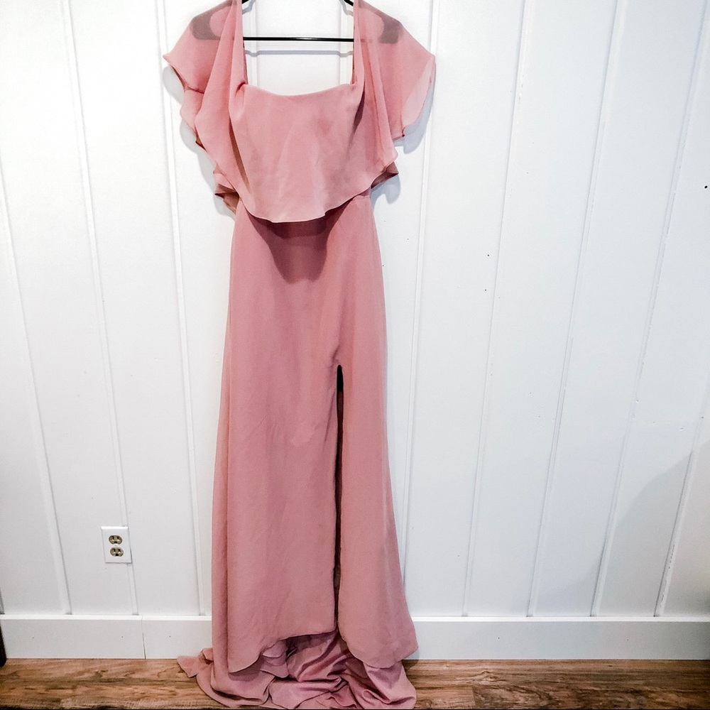 Off the shoulder sweep train dress.